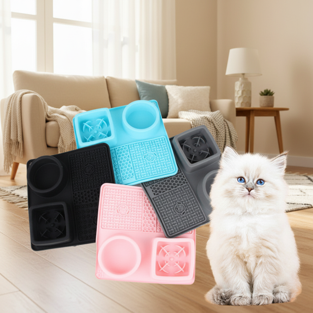 Four silicone cat feeding mats in black, blue, pink, and dark gray are arranged on a peach background next to a fluffy white cat.